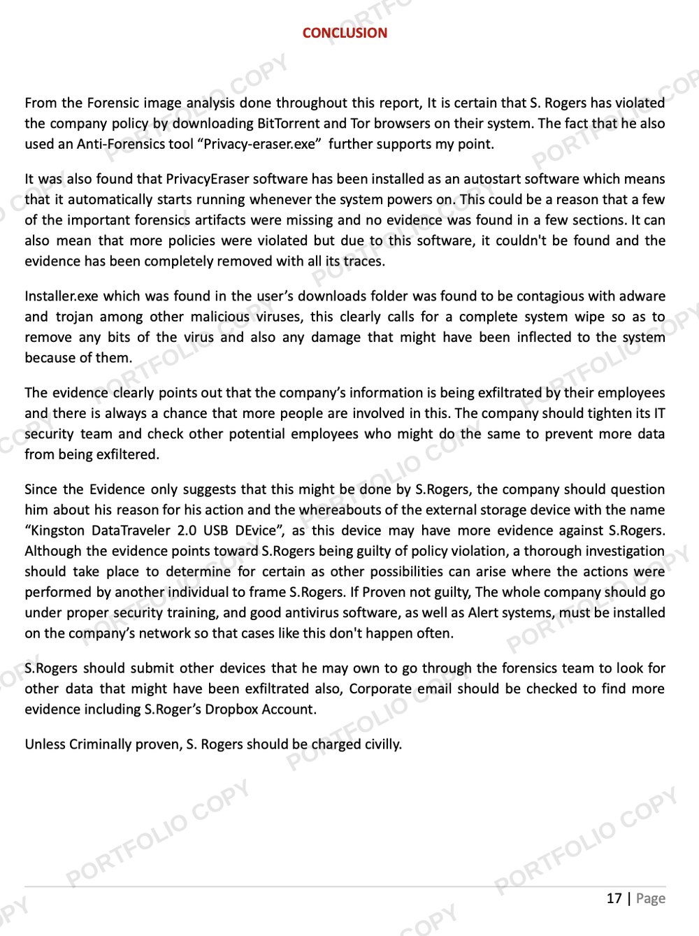 Conclusion page of a digital forensics case study report