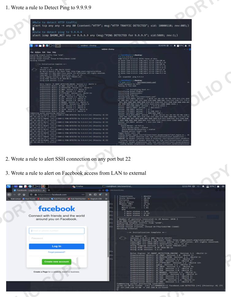 Snort rules and alerts detecting a ping to 9.9.9.9 and Facebook access