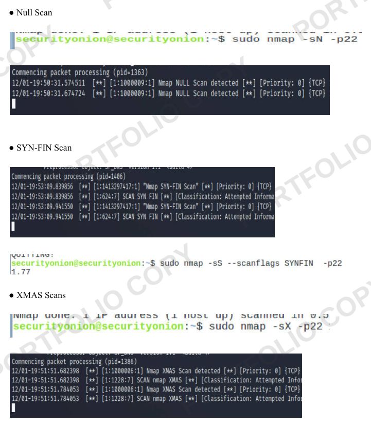 Snort alerts detecting Nmap null, SYN-FIN and XMAS scans