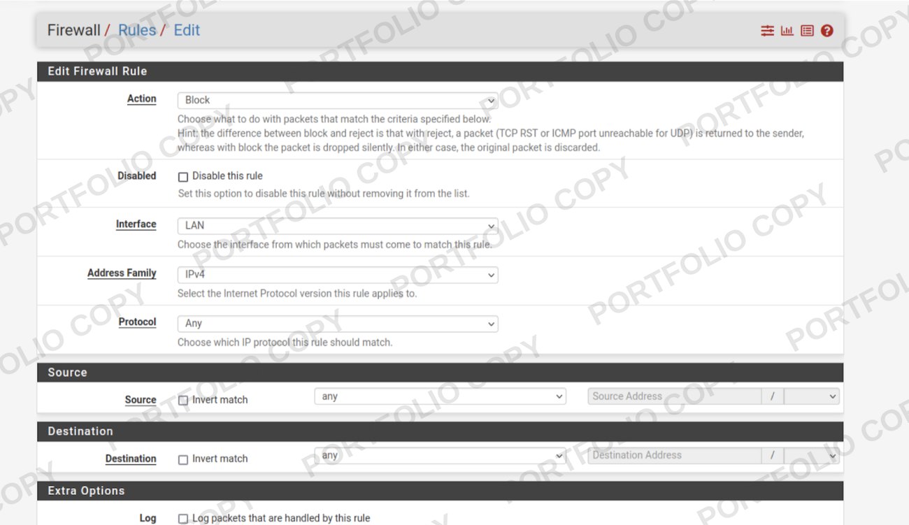 pfSense firewall rule editor with the action set to Block on the LAN interface
